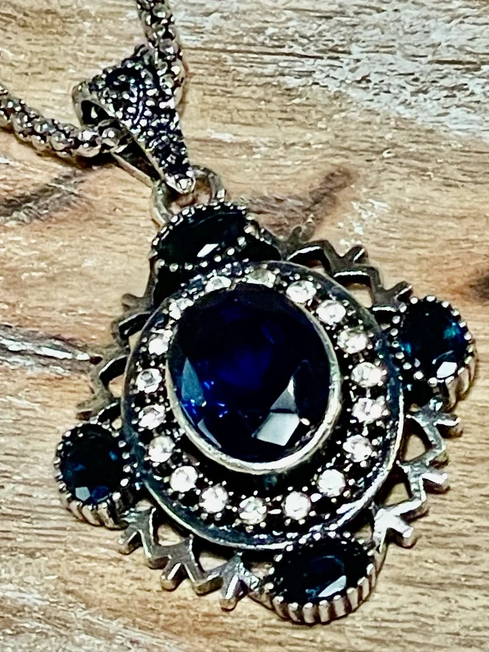 Silver Necklace with Deep Sapphire Blue Crystal Pendant